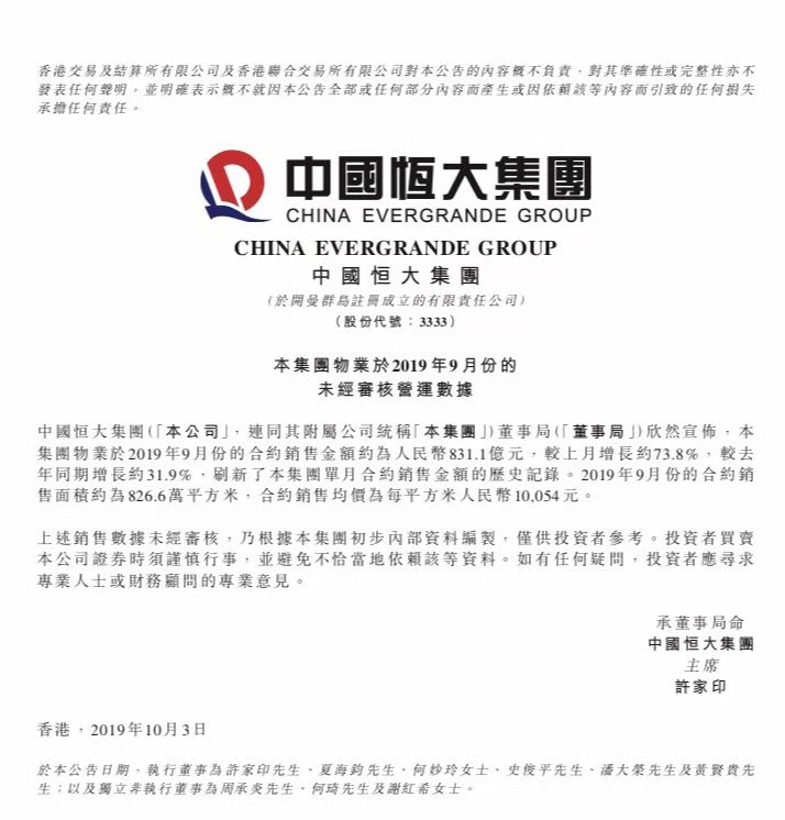 全員(yuán)營銷成效顯著  恒大(dà)9月銷售831.1億創曆史新高